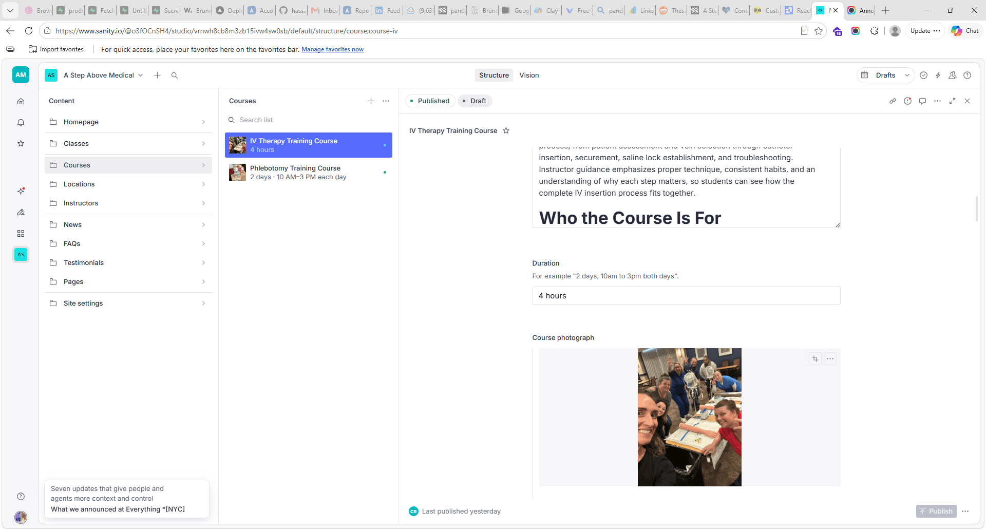 A Step Above Medical course editor showing IV therapy and phlebotomy entries, course content, duration and a course photograph