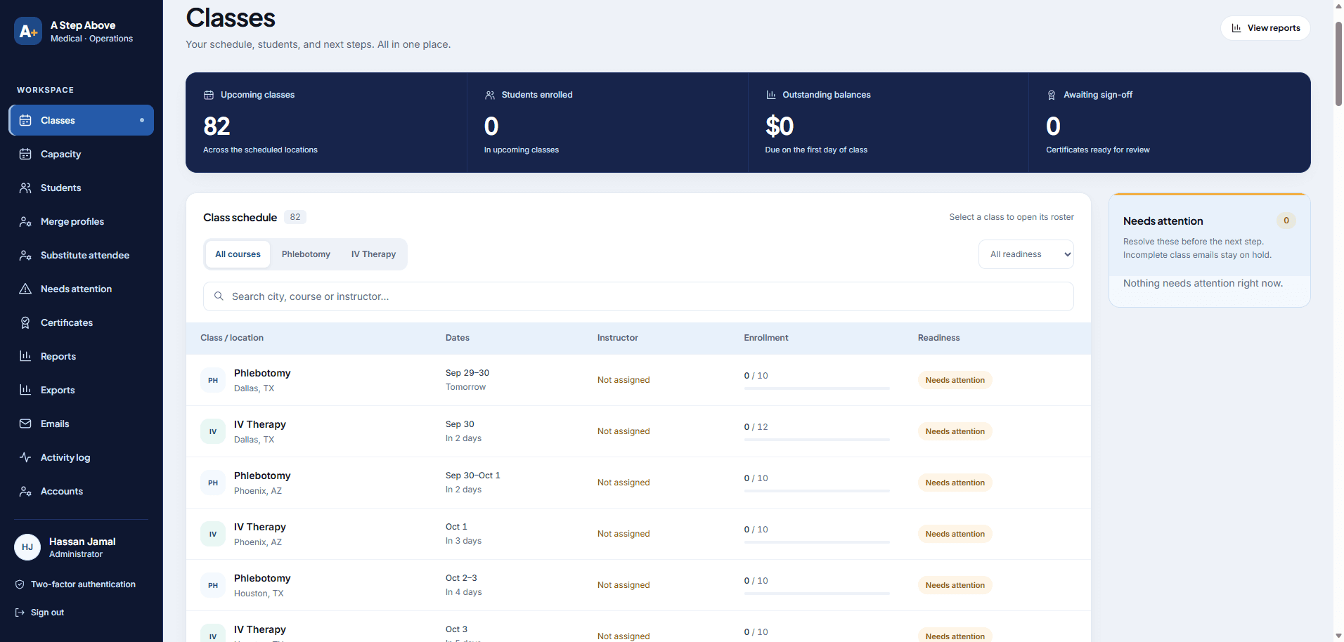 A Step Above Medical operations portal class schedule