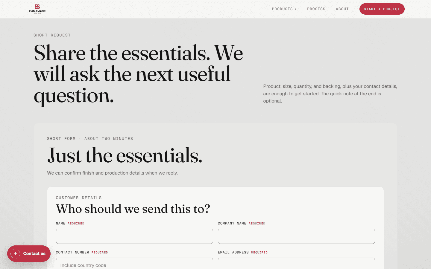 The Emblematic Studio quote form: a short request for product, size, quantity and backing, followed by name, company, phone and email fields