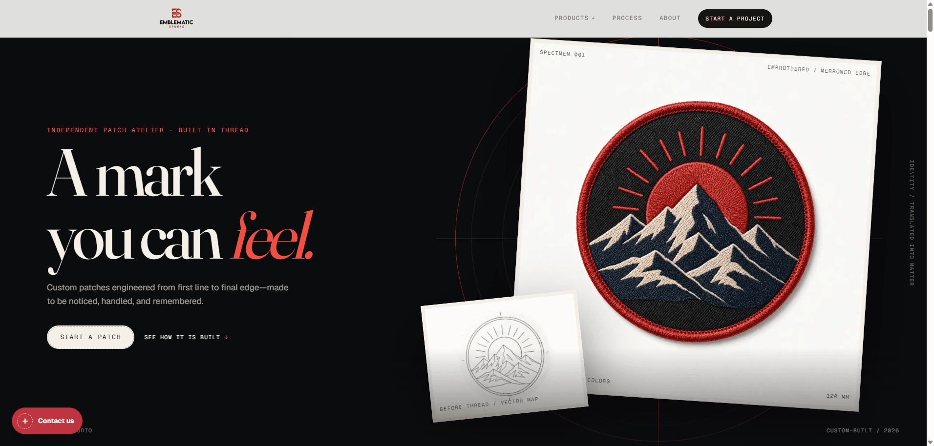 The Emblematic Studio home page, showing an embroidered patch specimen alongside its vector source drawing, with the product and process navigation.