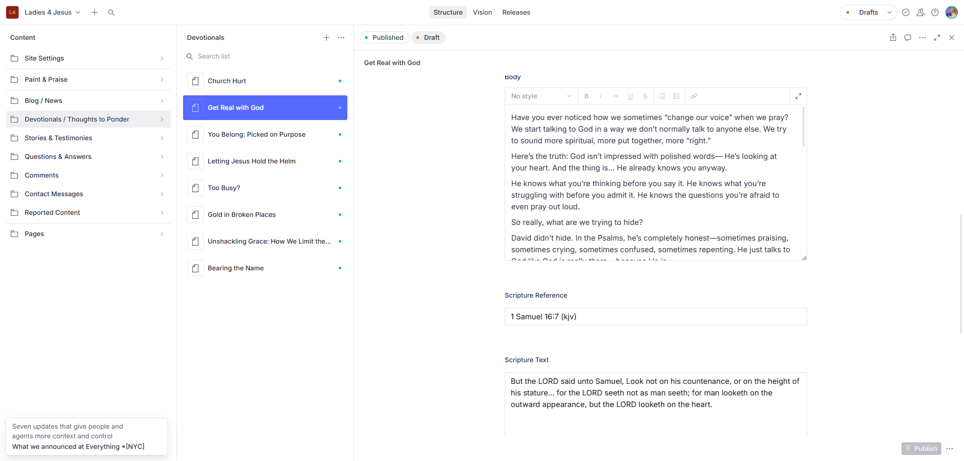 Ladies 4 Jesus Sanity Studio showing the devotional editor and publishing controls
