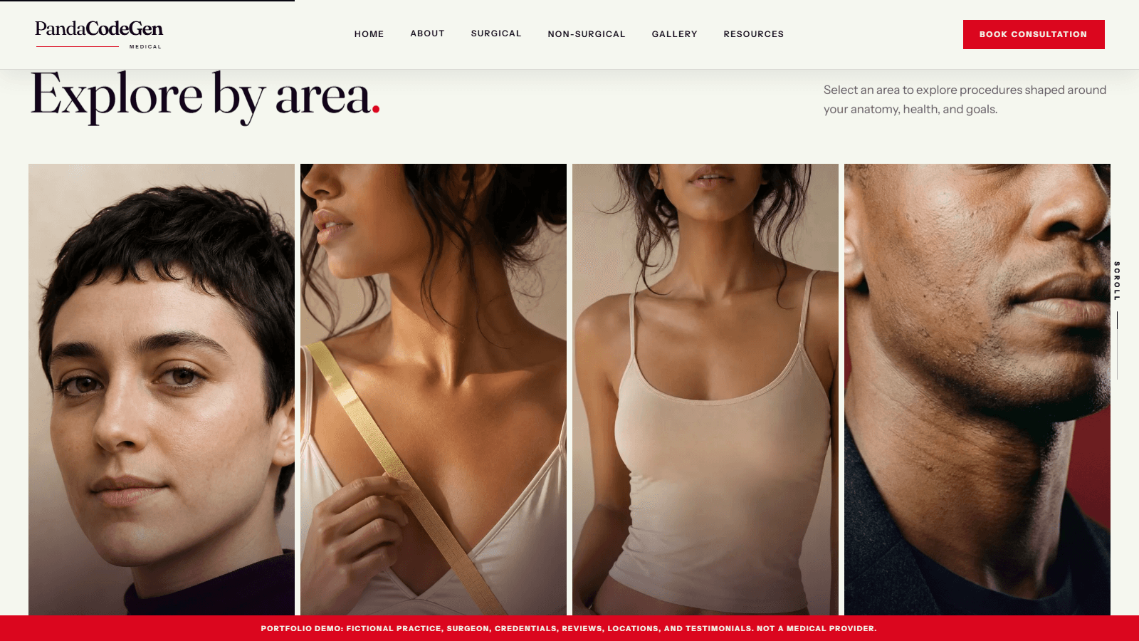 The 'Explore by area' section with four photo cards: Face, Breast, Body and Men.