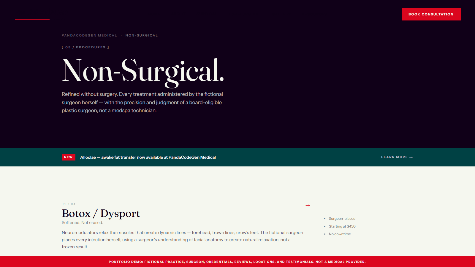 The Non-Surgical procedures page, opening with Botox / Dysport and a short fact list beside it, with the portfolio-demo banner at the bottom.