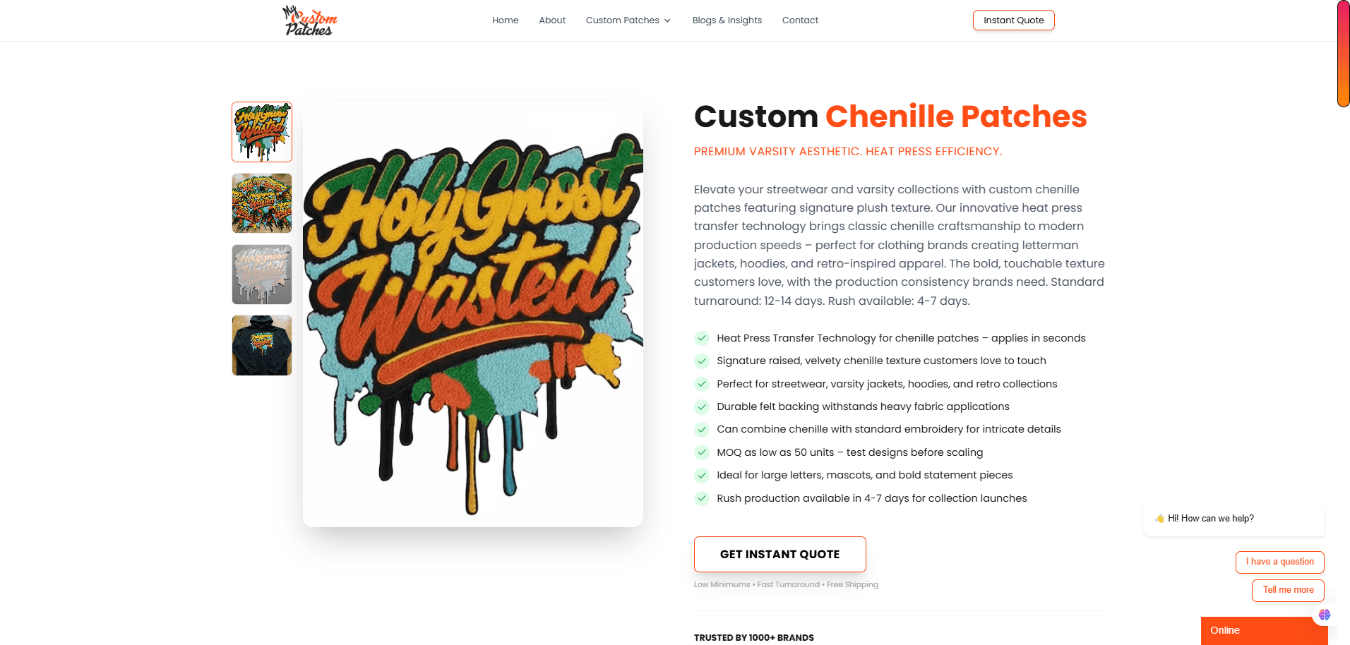 MyCustomPatches product page with a chenille patch gallery, product details and an instant quote action.