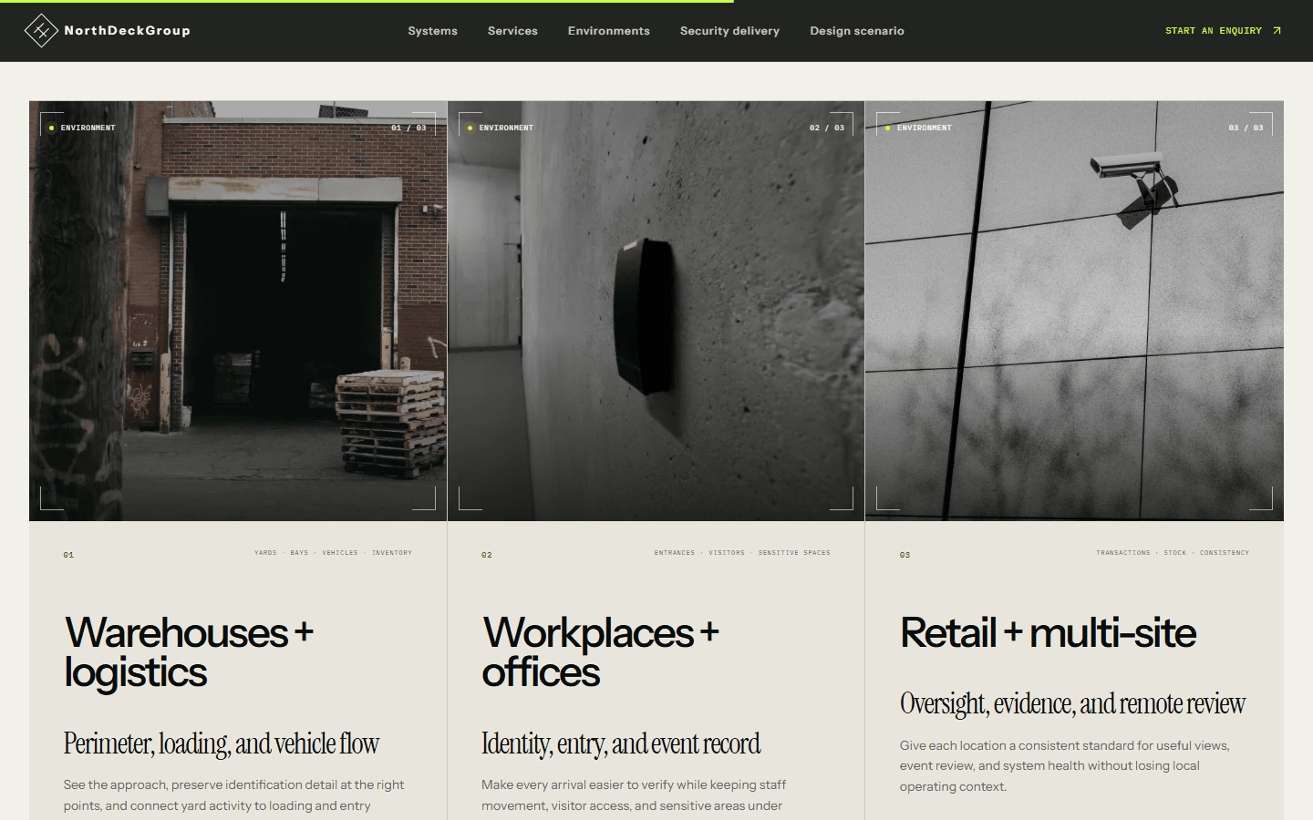 Three environment cards with photos: warehouses and logistics, workplaces and offices, and retail and multi-site.