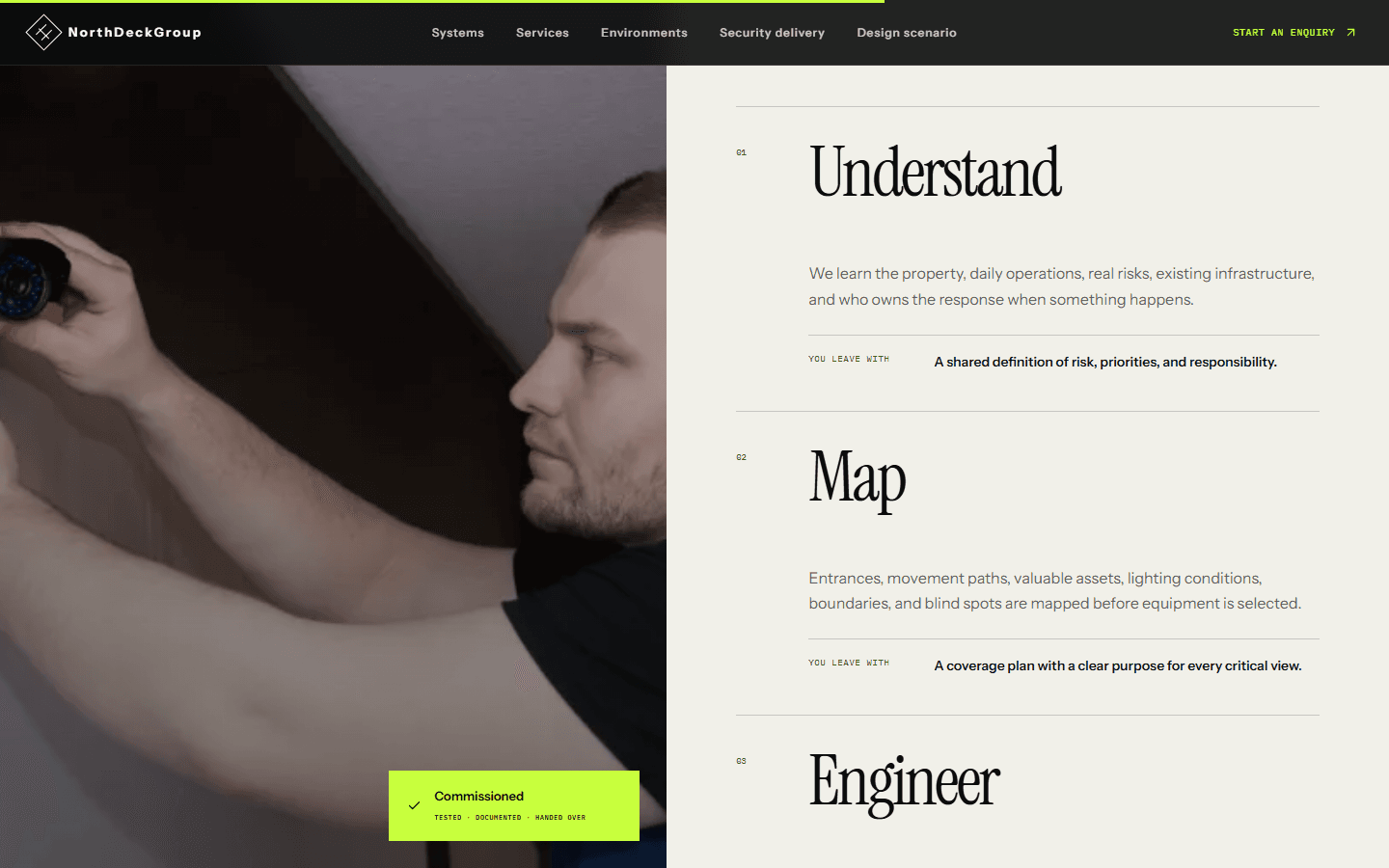 The delivery steps beside a photo of a technician installing a camera: Understand and Map, each with a 'you leave with' line.