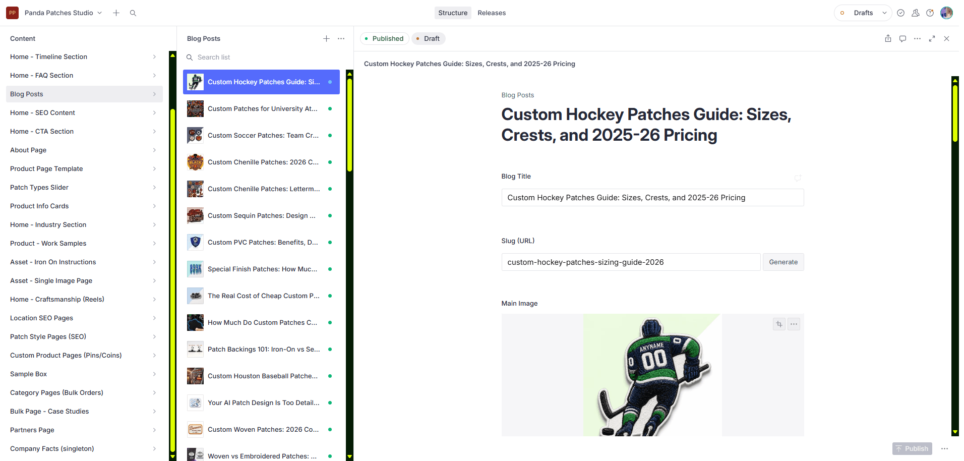 Sanity Studio open on a blog post: title, URL slug and a main image field for a custom hockey patches guide.