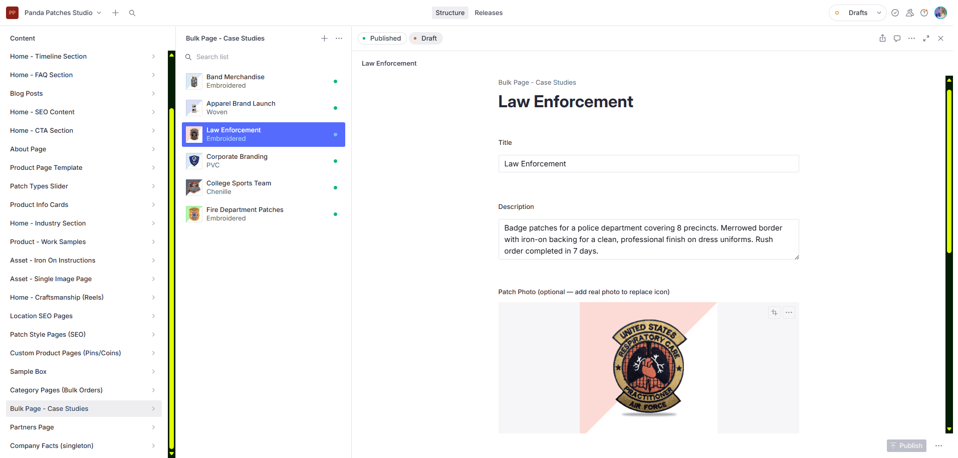 Sanity Studio open on a bulk case study page: title, description and a patch photo field for a law enforcement client.