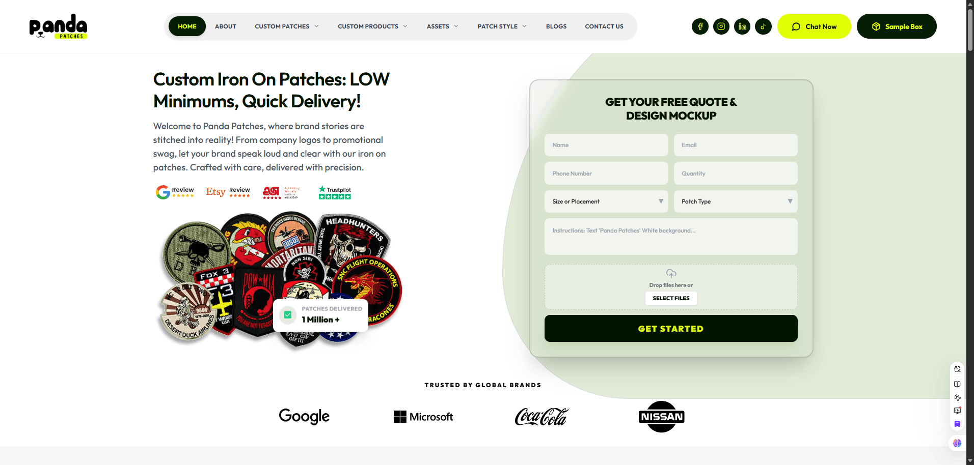 The Panda Patches storefront home page, showing the product range, the instant pricing entry point and the ordering call to action.