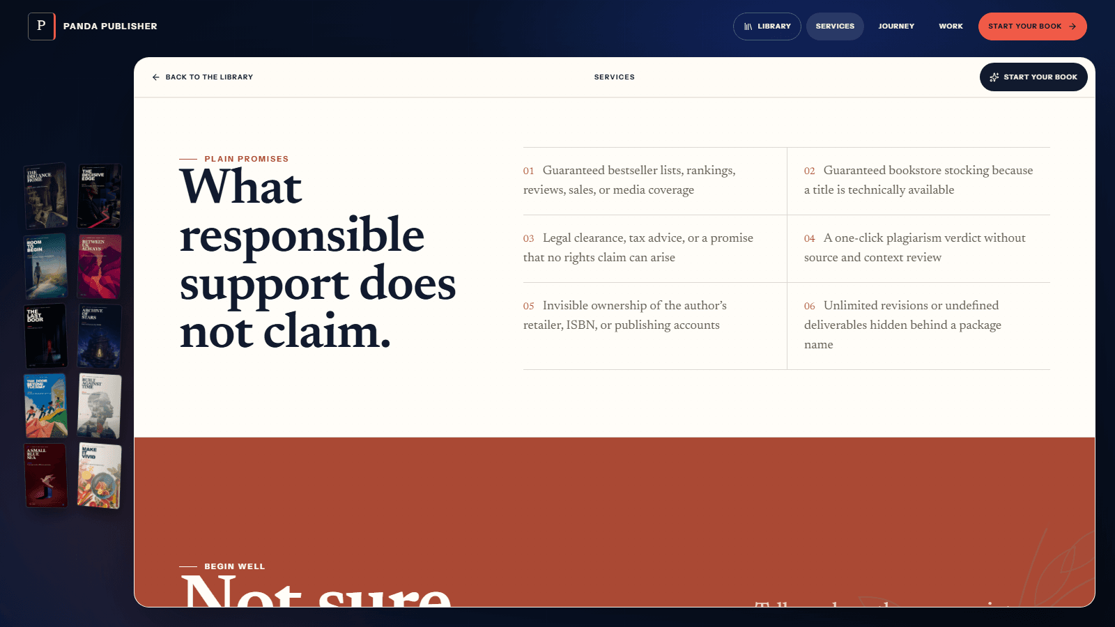 The 'What responsible support does not claim.' section listing six things the service does not promise, starting with guaranteed bestseller lists, rankings, reviews, sales or media coverage.