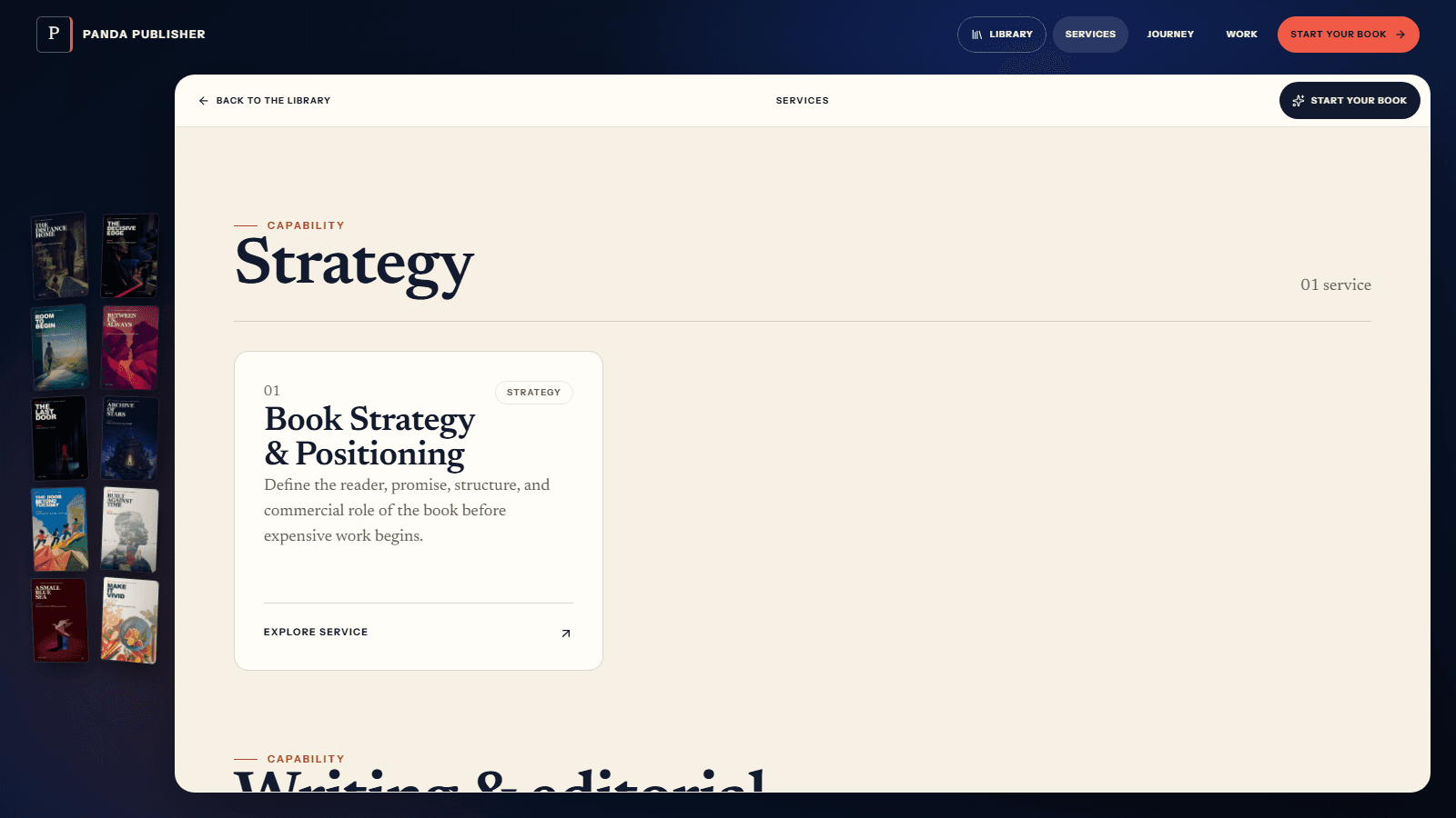 The Services page showing the Strategy capability and its Book Strategy & Positioning service card.