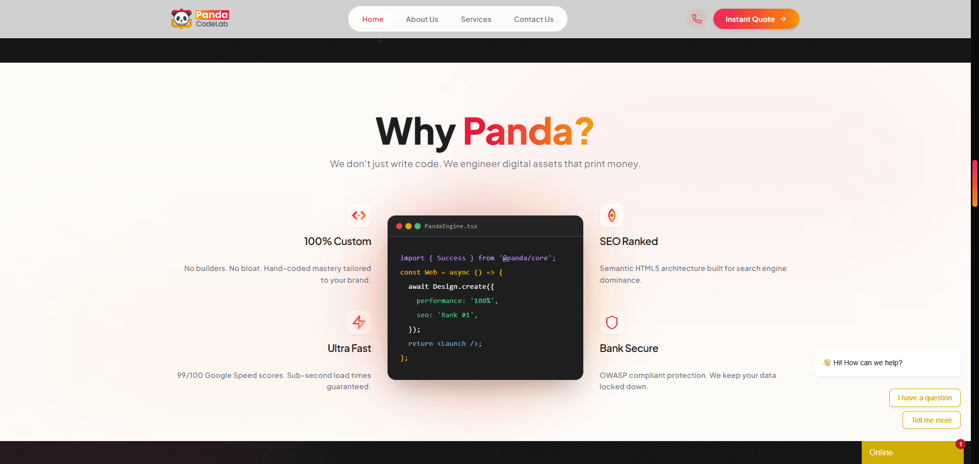 The Panda CodeLab agency site home page, showing the service positioning, navigation and primary call to action.