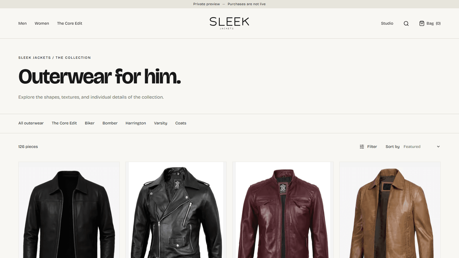 The 'Outerwear for him.' collection page: style filters, 126 pieces, sorting, and the Private preview banner at the top.