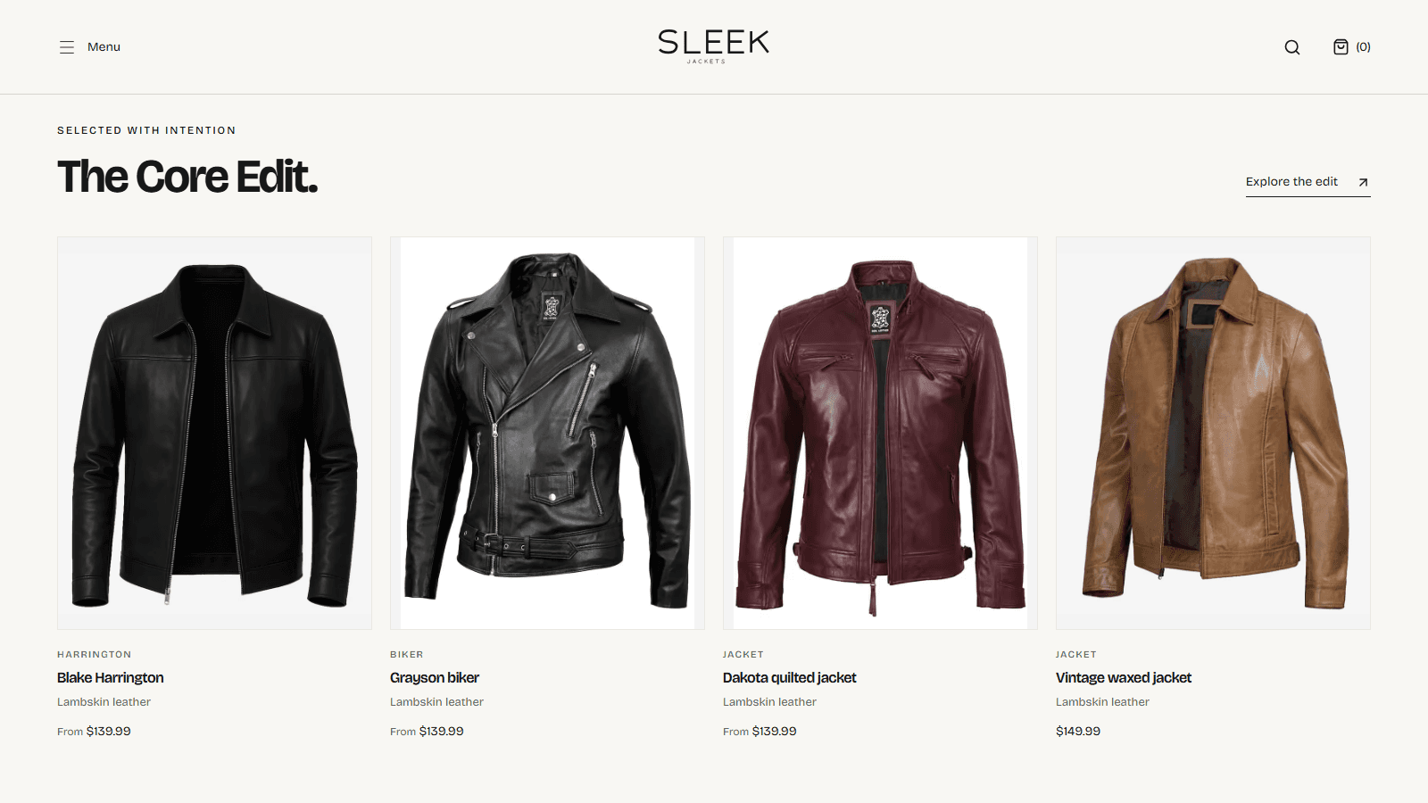 The Core Edit: four lambskin leather jackets (Blake Harrington, Grayson biker, Dakota quilted jacket, Vintage waxed jacket) with prices.