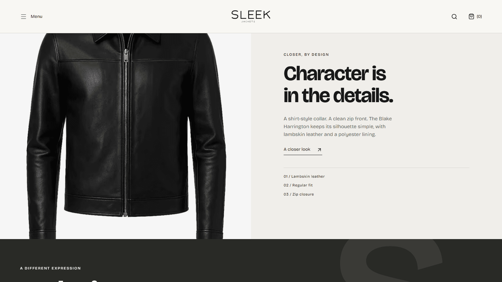 'Character is in the details.': a close product shot of the Blake Harrington beside its description and three details: lambskin leather, regular fit, zip closure.