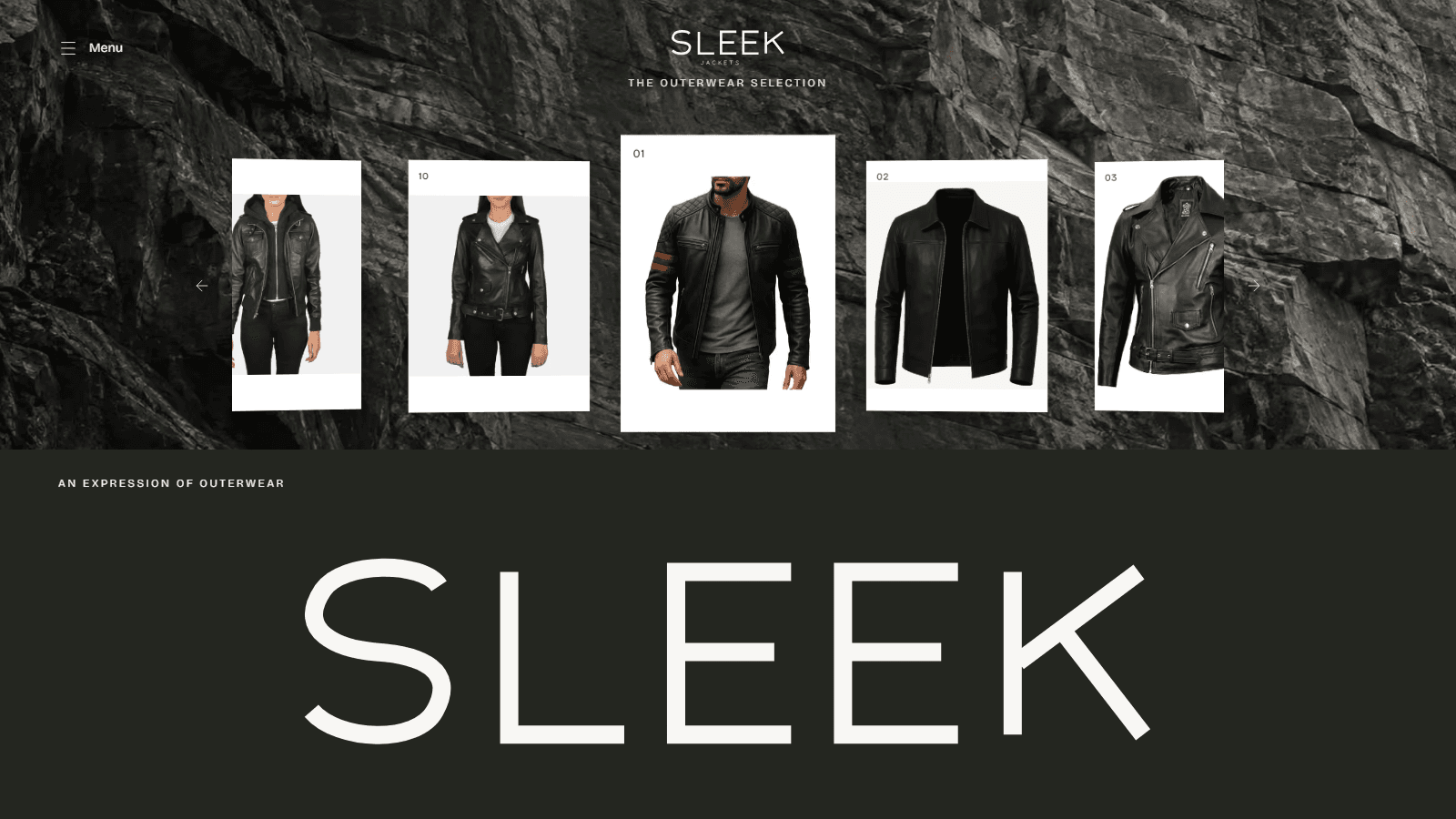 The Sleek Jackets demo storefront homepage, showing an outerwear selection